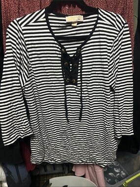 Michael Kors Black & White Striped Lace-Up Long Sleeve Tee
